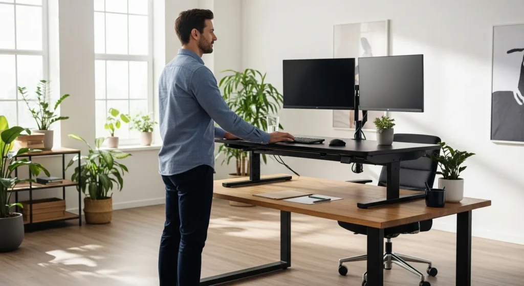 A man working at a modern ergonomic workstation, illustrating what is a riser desk for better posture.