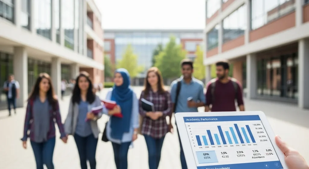 Tablet showing student metrics to explain what is academic performance indicator with students in the background.